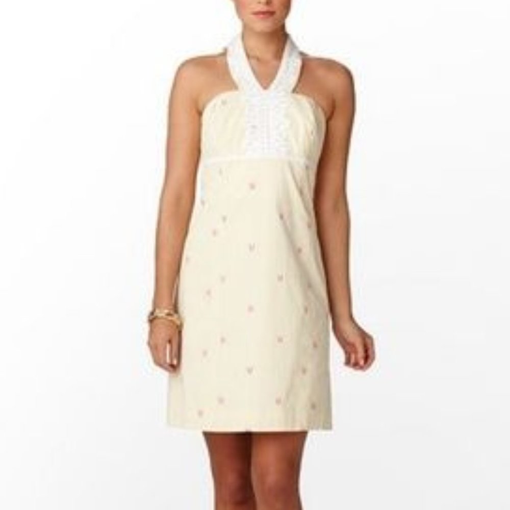 Lilly Pulitzer Isabel Yellow Seersucker with Pink Horseshoe Halter Dress Size 0